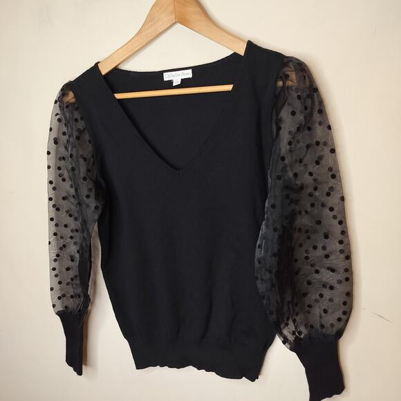 Ophelia Row Sweater Sheer Polka Dot Sleeve V Neck - Picture 3 of 8